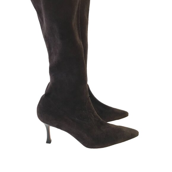 Manolo Blahnik Pamfilo Suede Boots Womens 38.5 Brown Stiletto Tall Heels Heeled - Picture 6 of 15